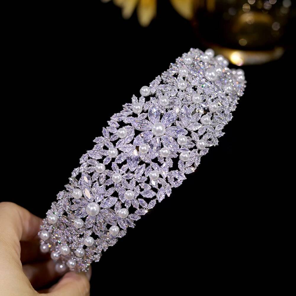 Bridal Pearl Headbands Female Glamour Crystal Tiara Wedding Flower Crown Hair Accessories Diadema Dress Jewelry