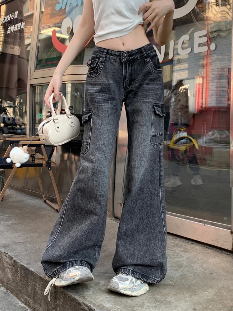 Cyber Y2K Streetwear Vintage Black Grey Baggy Flared Cargo Jeans Pants For Women Clothing Kpop Casual Lady Cotton Trousers 250612