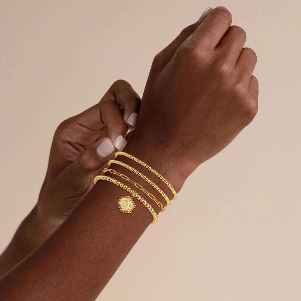 Good Girls - Gold Plated Hexagon Initial Bracelets Stackable Dainty A-Z Beaded Bracelet Letter Pendant Stretch Trendy Stack Jewelry Set for Women