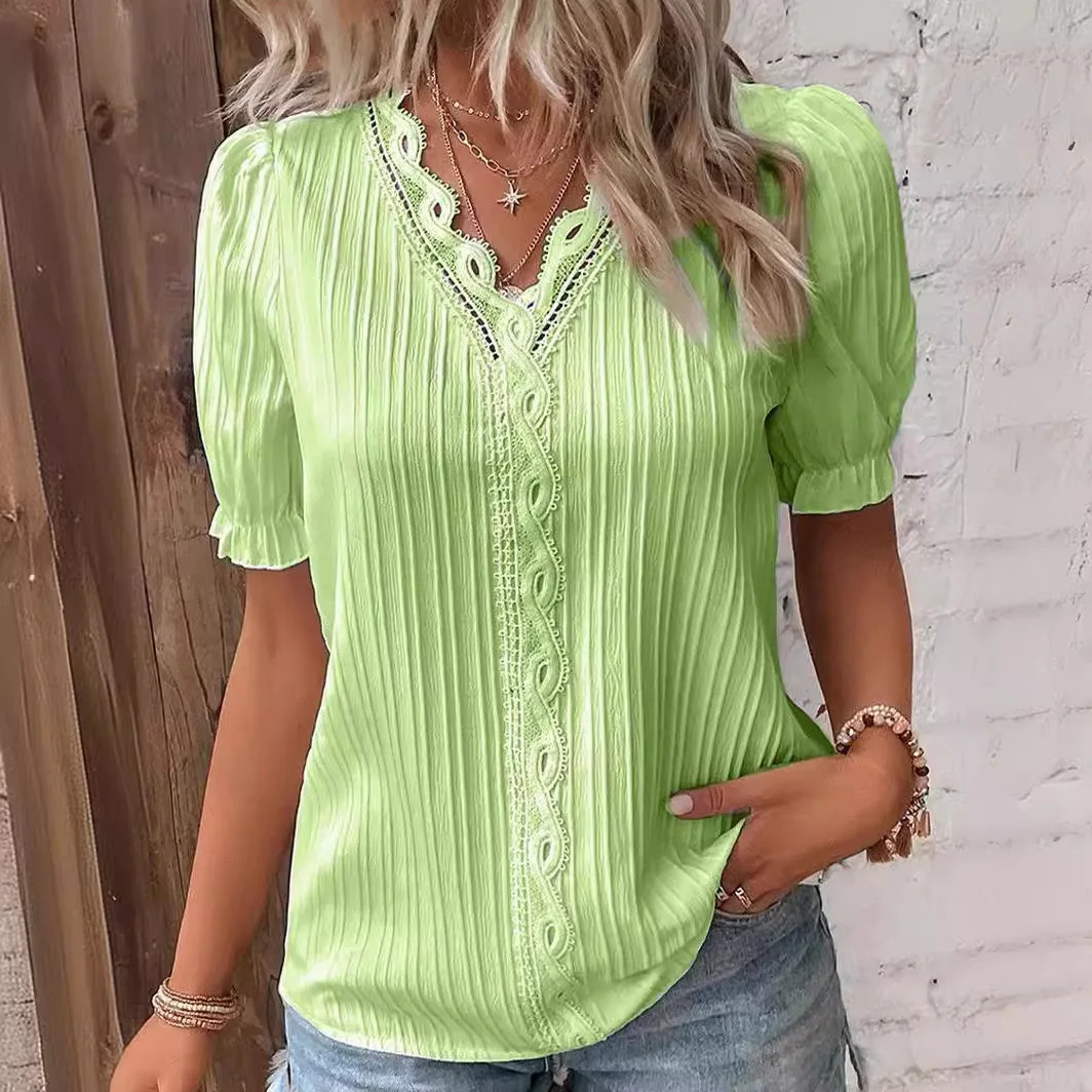 1pcs Summer Women TShirt Lady Short Sleeve Casual VNeck Tee Womens Pullover Lace Chiffon Shirt Female Holiday Fashion Tops 250614