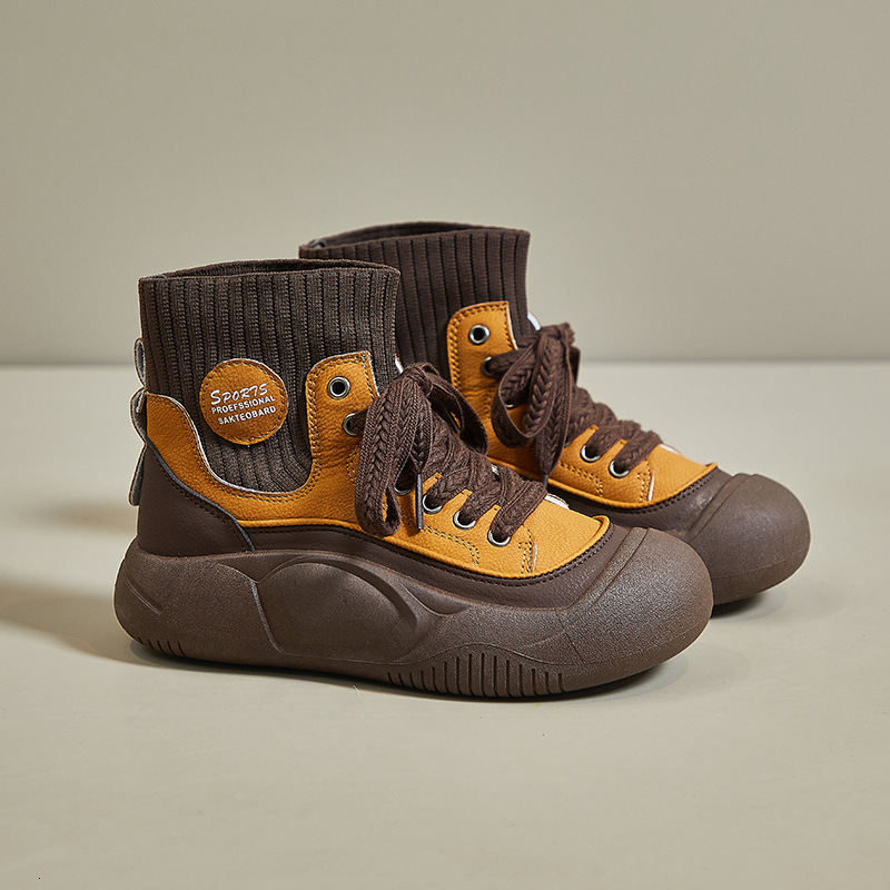 Ddmysports New Color Block High Top Martin Sock For Women Leather Soft Thick Sole Height Increasing Fashion Boots Outdoor Shoes