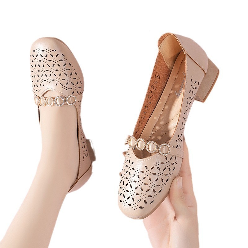 Ddmyoutdoor Openwork Shallow Mouth Single For Women New Spring Summer Thick Heel Round Toe Breathable Hole Shoes Soft Sole Comfortable Sandals Outdoor