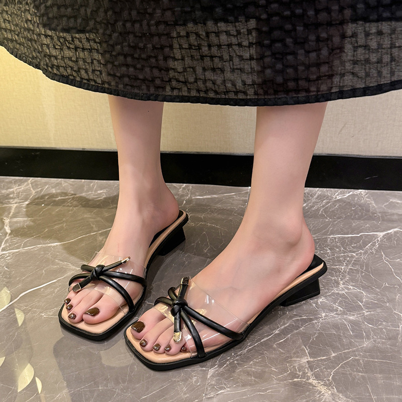 Ddmysports Transparent Sexy Outdoor Slippers Summer New Bowknot Fairy Style Chunky Heel Square Open Toe One Strap Sandals Outdoor Shoes