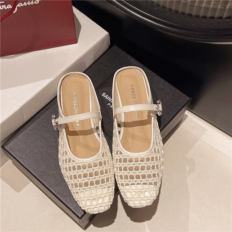 Ddmyoutdoor Super French Hollow Woven One Strap Chunky Single For Women Spring Summer Faux Square Toe Soft Leather Low Heel Mary Jane Shoes Outdoor Sh