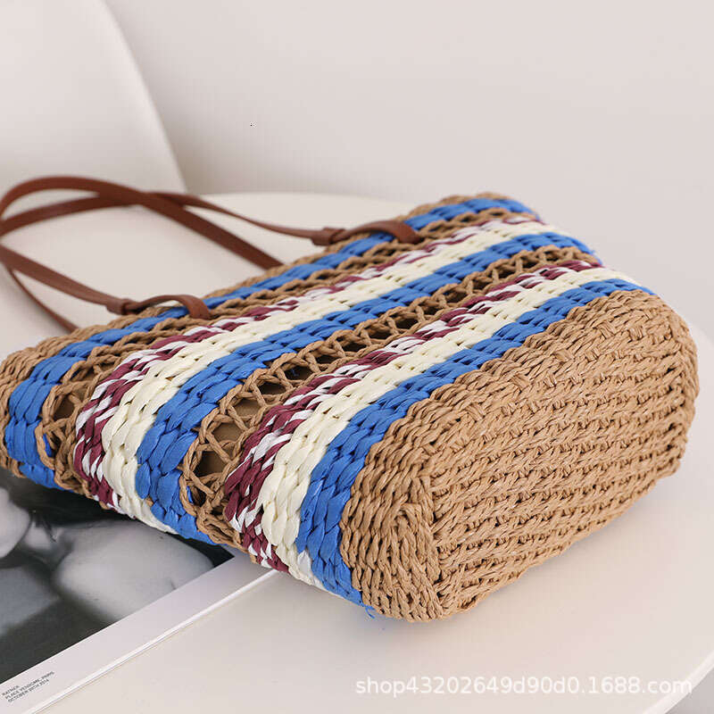 Straw Beach Tote French Hollow Out Single Shoulder Straw New Ethnic Style Color Block Handwoven For Women Vacation Beach Bag Straw Large Tote