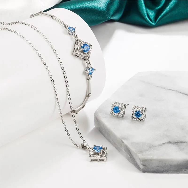 ENSHIR White Blue Zirconia Pinwheel Shape Pendant Necklace Earrings Bracelet Jewelry Set for Women Engagement Party Gift 250609