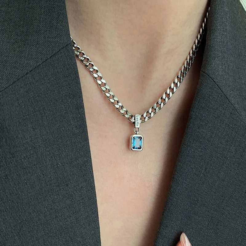 New 925 Sterling Silver Square Blue Zirconia Necklace Cuban Type Choker Matching Party Gift Exquisite Womens Jewelry Z250614