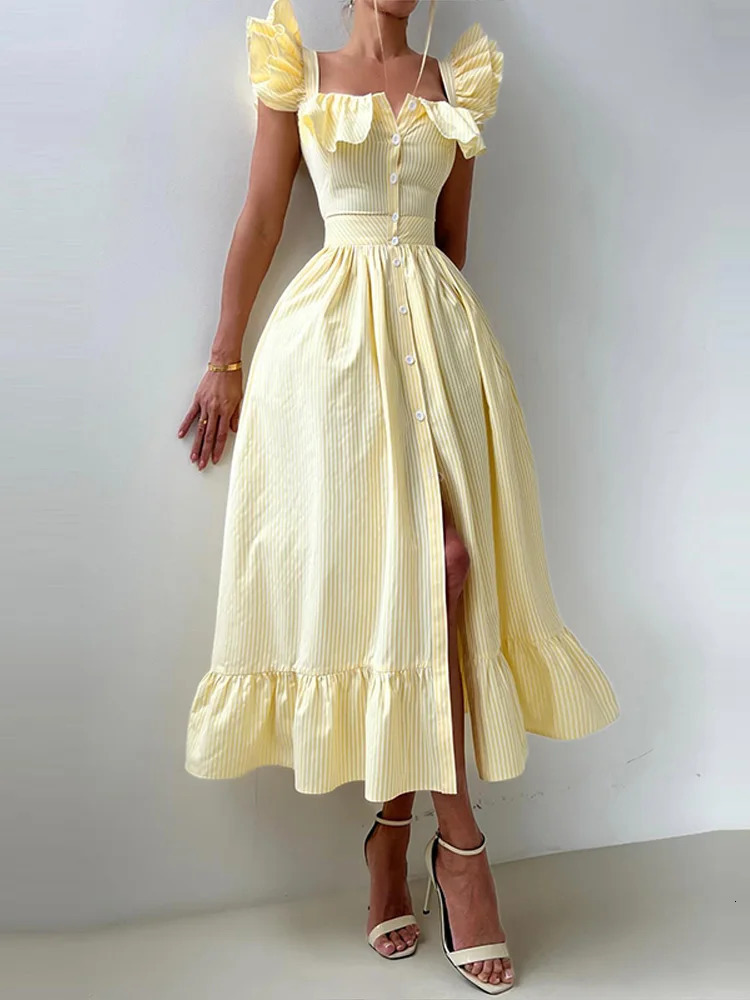 Casual Striped Womens Long Dresses Chic Single-breasted Short Puff Sleeve Female Vestidos Summer Slim Fit Lady Robes 250613