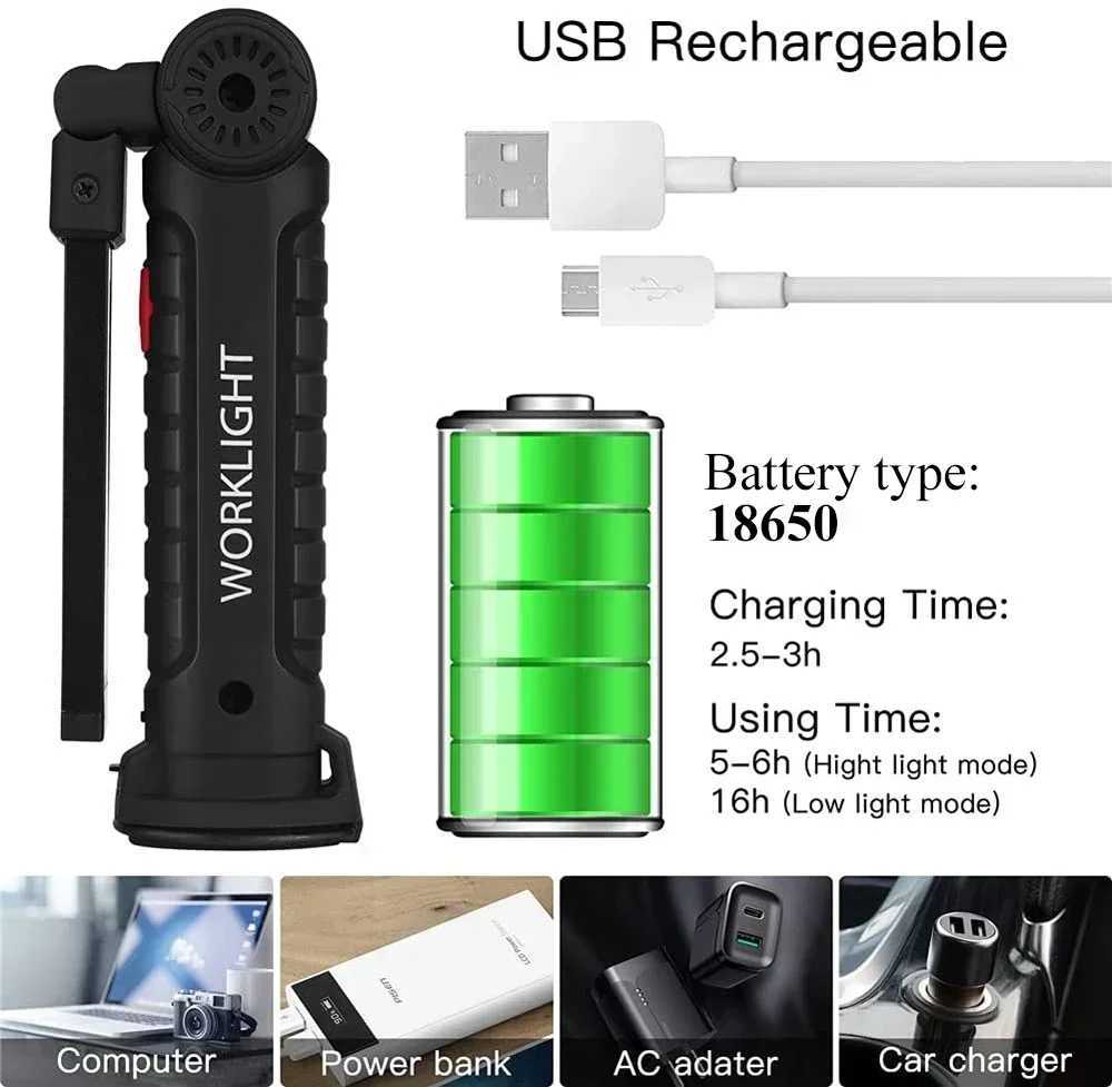 Portable COB LED Work Light - USB Rechargeable Dimmable Flashlight with Magnetic Hook 18650 Battery for Men Home Camping W250613