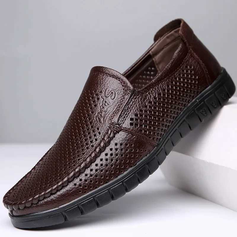Fi Leather Hollow Summer Soft Sole Mens Loafers Designer New Platform Business Dress Shoes Men Casual Sandals Shoes Man XJ250614