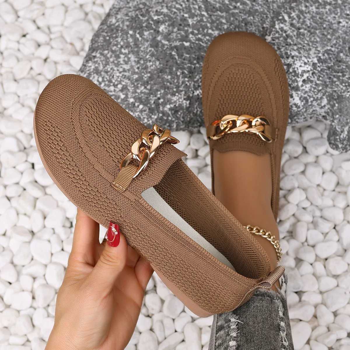 Metal Chain Decor Flats Shoes for Women 2025 Plus Size 44 Mesh Breathable Loafers Shoes Woman N-Slip Casual Vulcanized Shoes XJ250614