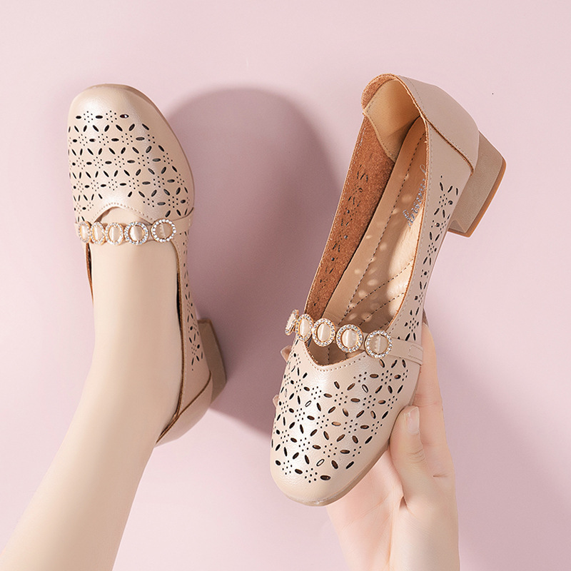 Ddmyoutdoor Openwork Shallow Mouth Single For Women New Spring Summer Thick Heel Round Toe Breathable Hole Shoes Soft Sole Comfortable Sandals Outdoor