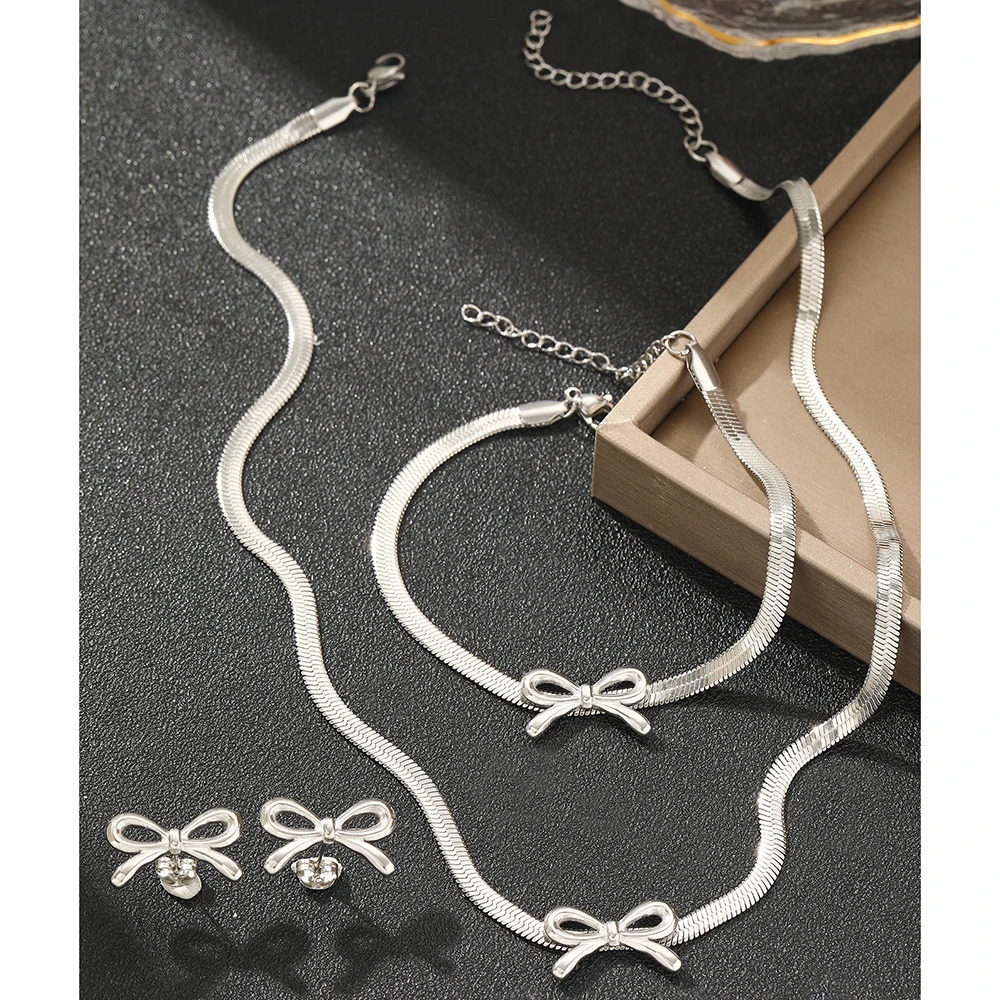 Stainless Steel Jewelry Set Blade Chain Bow n Bracelet Necklace Earrings 3 Piece Jewelry Set For Women Jewelry Party Gifts 250609