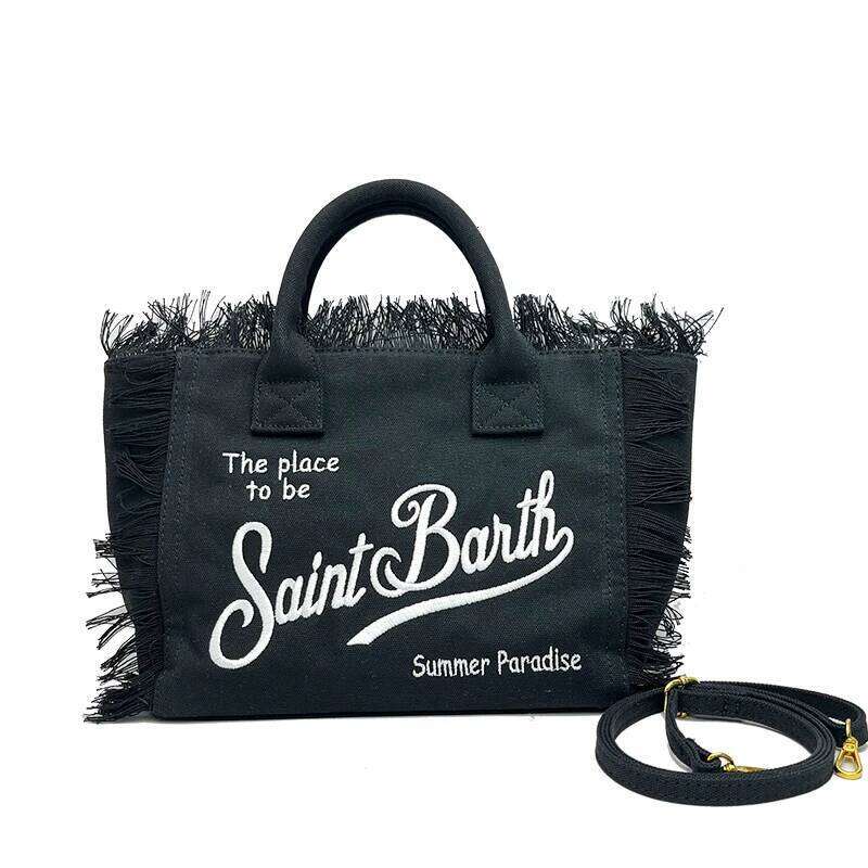 Black Clutch Tassel Solid Color With Letters Tote Bag Large Capacity Beach Travel Lightweight Handbag