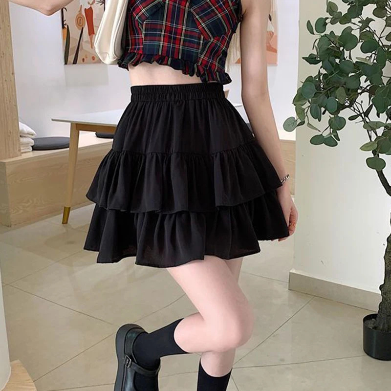 Pleated ALine Skirt Women White Ruffle Sweet Tierred Pretty Style Elastic Waist Summer Slim Basic Korean Harajuku Dress 250611