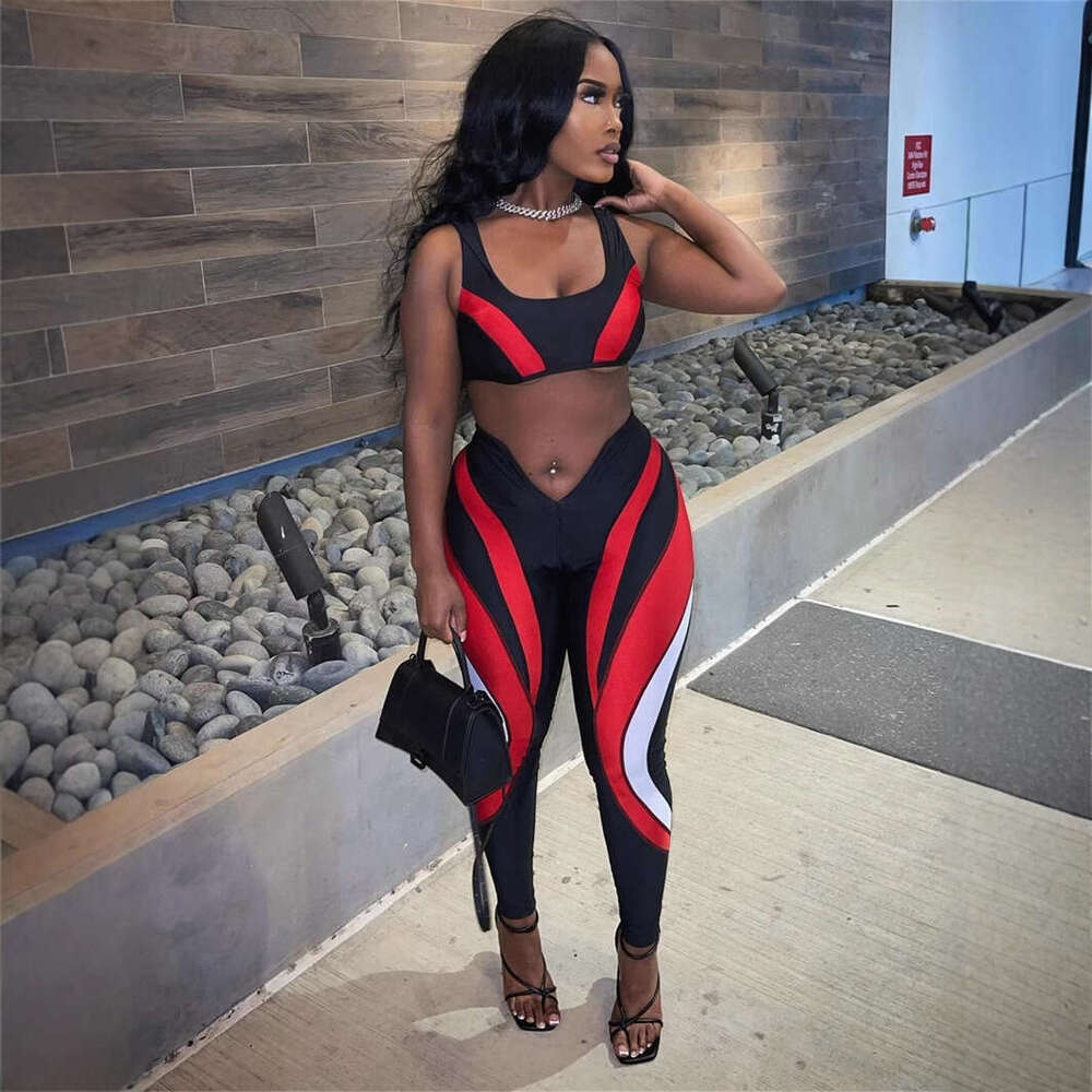 Autumn New Slim Sexy Street Biker Color-Block Short Vest Top And Pants Set B5