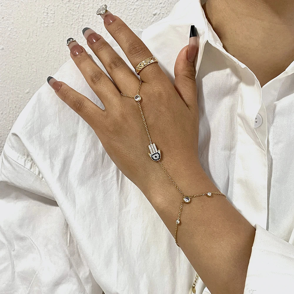 Devils Eye Palm Zircon Chain Bracelet for Women Link Connected Stainless Steel Finger Ring Bracelets Hand Harness Jewelry 250610