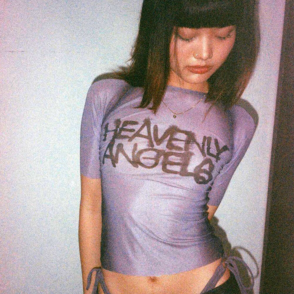 Summer New Tight Street Sexy Hot Girl Letter Crop Print Mesh Sheer T-Shirt Short Sleeve B5