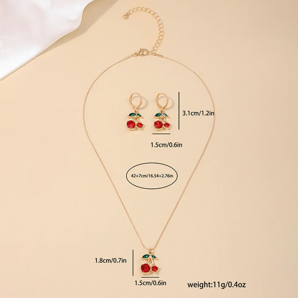 3PCS Cute Cherry Jewelry Set Hypoallergenic Necklace and Eearrings Daily Gift for Women 250609