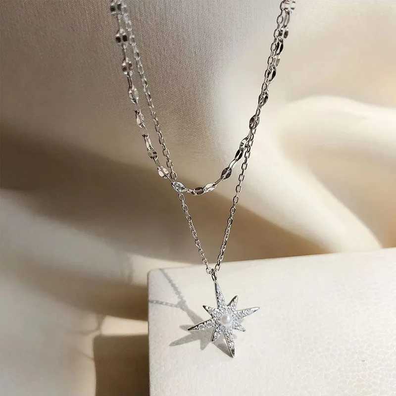 Hot Sale 925 Sterling Silver Star Double Layer Necklace Charm Moon Pendant Choker For Women Birthday Gift Beautiful Accessories Z250614