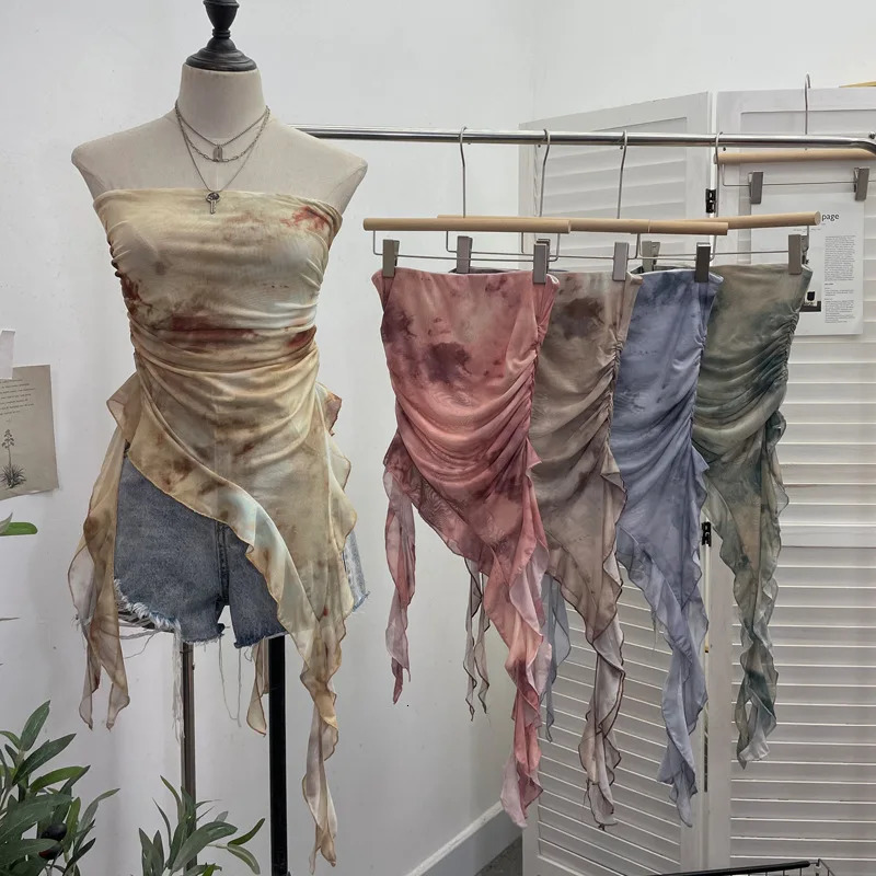 Womens Tie Dye Ruffled Ribbon Mesh Tube Top Irregular Sleeveless Sexy Backless Vest Party Leisure Essential 9956 250611