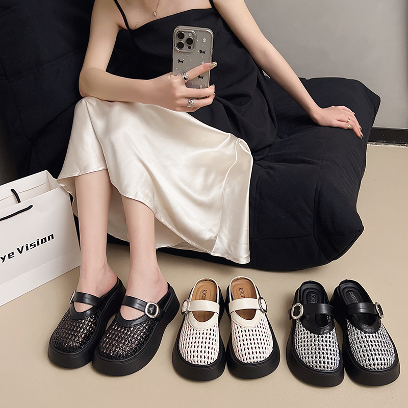 Ddmyoutdoor Ddmyoutdoor French Style Woven Hollow Toe Cap Half Slippers Summer New Versatile Breathable Flat Beach Sandals Outdoor Shoes Outdoor Shoes