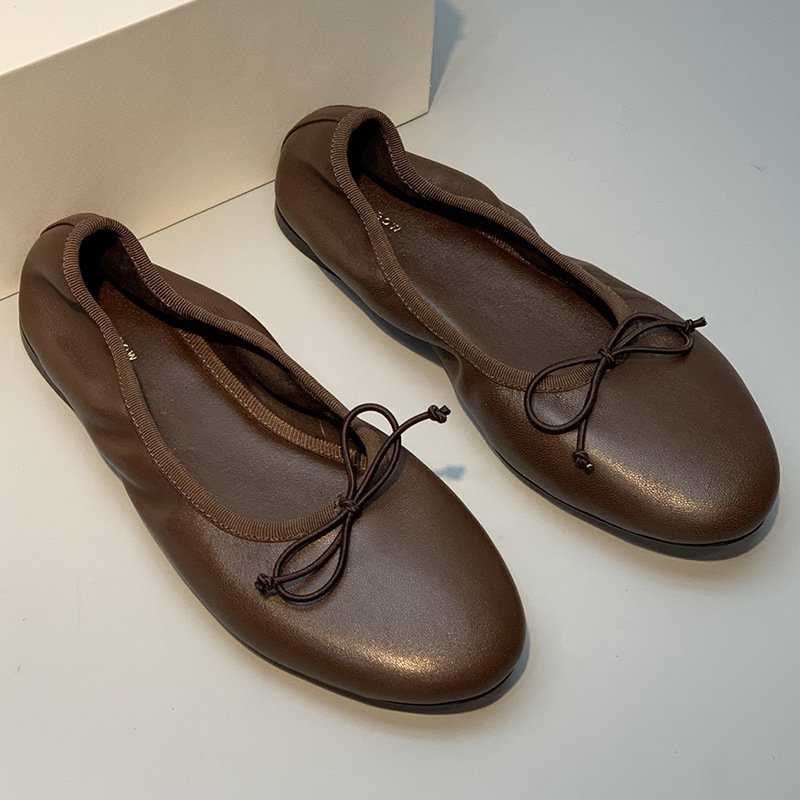 Ddmysheep Ddmysheep Autumn Winter Row Elastic Flat Ballet For Women Genuine Leather Round Toe Versatile Comfortable Bowknot Slip On Grandma Shoes