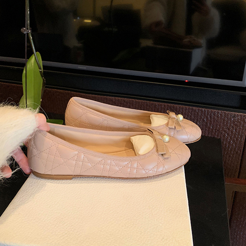 Ddmysheep Ddmysheep Grape Mom Studiolee Cottage Style Exquisite Bowknot Pearl Shallow Mouth Sheepskin Ballet Flats For Women Spring And Autumn Shoes