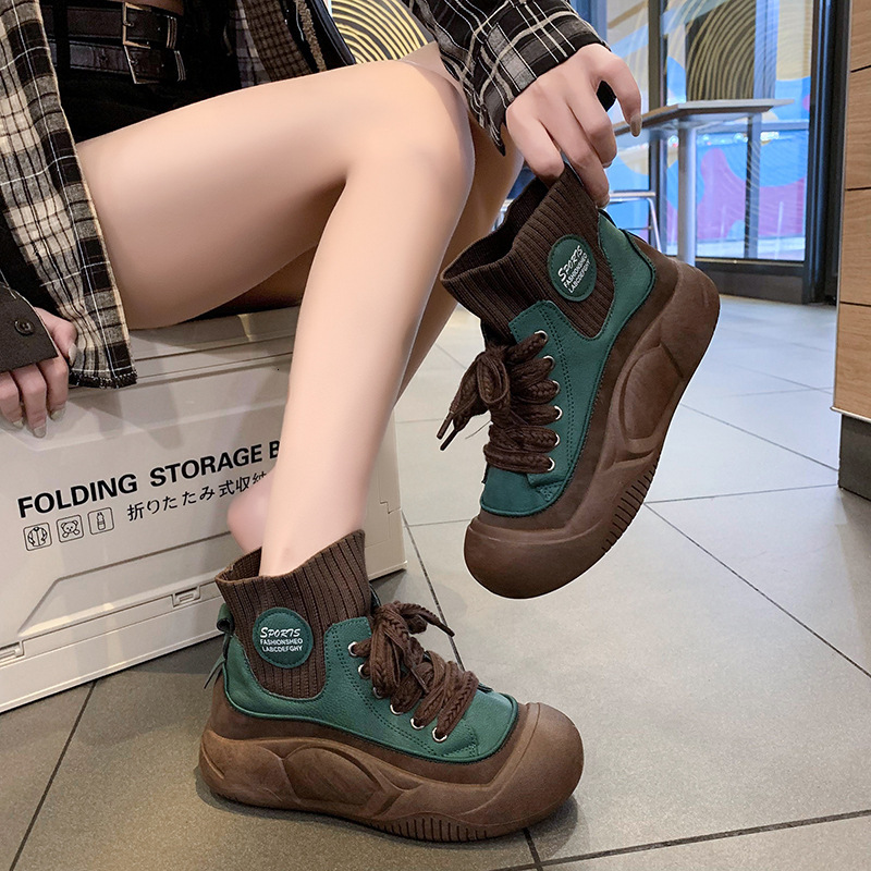 Ddmysports High Top Shoes For Women New Autumn Winter Thick Sole Soft Surface Comfortable Knitted Mouth Single Short Martin Boots Outdoor Shoes