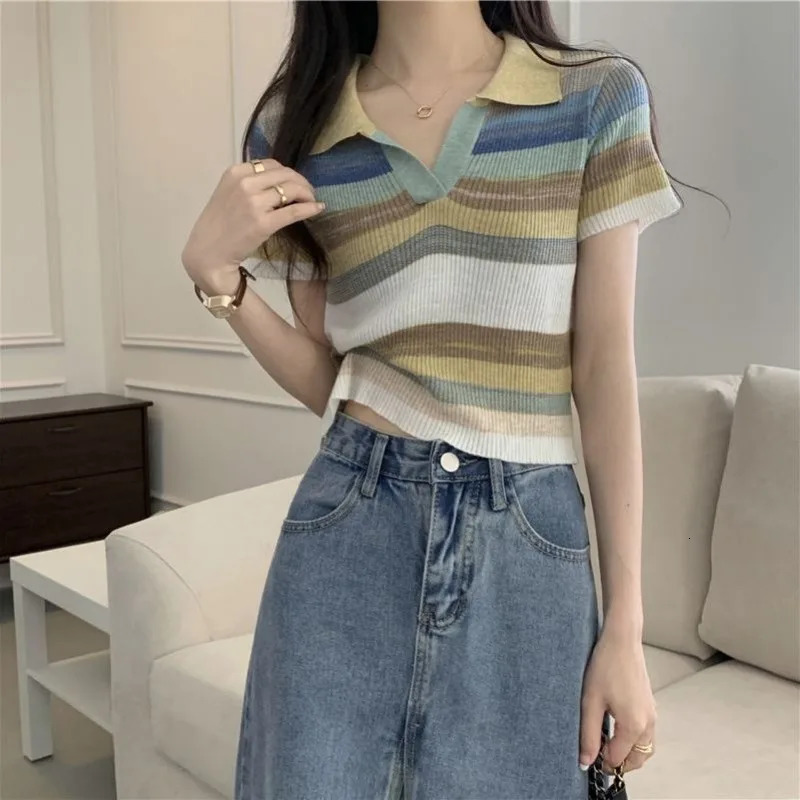 Ice Silk Knitted T-shirts Sexy Crop Top Pretty Short Sleeve Striped Womens Polo Korean Clothes Casual Lapel Female Tee 250609