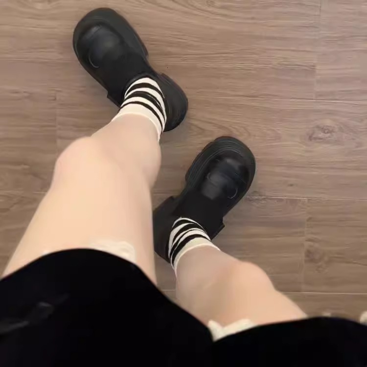 Ddmysports Spring Thick Soled Height Increasing Short British Style Platform For Women New Fashion Versatile Black JK Leather Shoes Outdoor Shoes