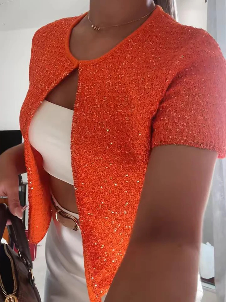Elegant Sequined Orange Cardigans Women Y2k Oneck Short Sleeve One Button Female Tops Street Summer Lady Chic Knitwear 250612