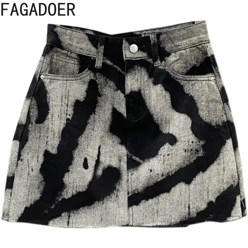 FAGADOER Gray Tie Dye Printing Fashion Denim Mini Skirts Women High Waist Button Pocket Aline Jean Sexy Y2K Streetwear 250612