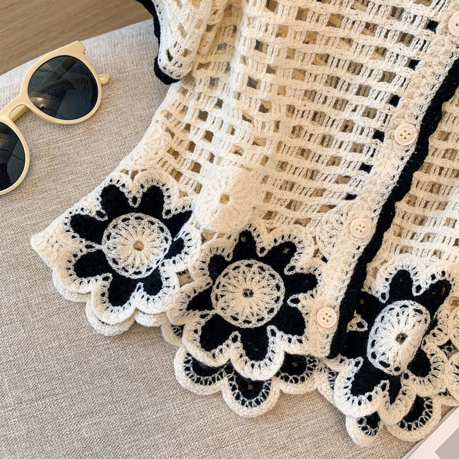 Sunflower y Crochet Top Short Sleeve Button Front Semi Sheer Openknit Blouse Summer Women Teengirl Fairycore Outfit 250614