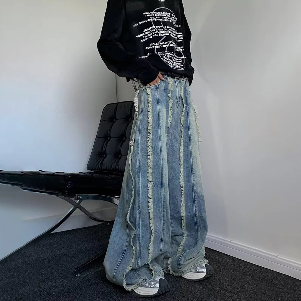 Mens Pants Heavy-Duty Frayed Edge Splicing Washed Worn Denim Jeans Autumn Hawaiian Vintage Baggy Wide Leg Pants Unisex 250612