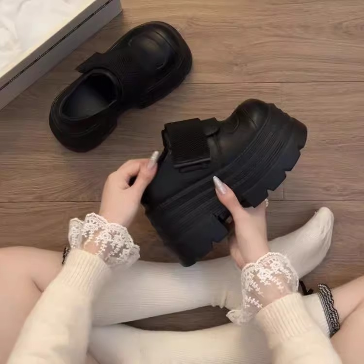 Ddmysports Spring Thick Soled Height Increasing Short British Style Platform For Women New Fashion Versatile Black JK Leather Shoes Outdoor Shoes