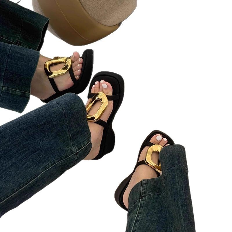 Ddmyoutdoor Ddmyoutdoor French Style Black Thick Soled Sandals For Women Summer New Niche Fashion Simple Metal One Strap Beach Slippers Outdoor Shoes 