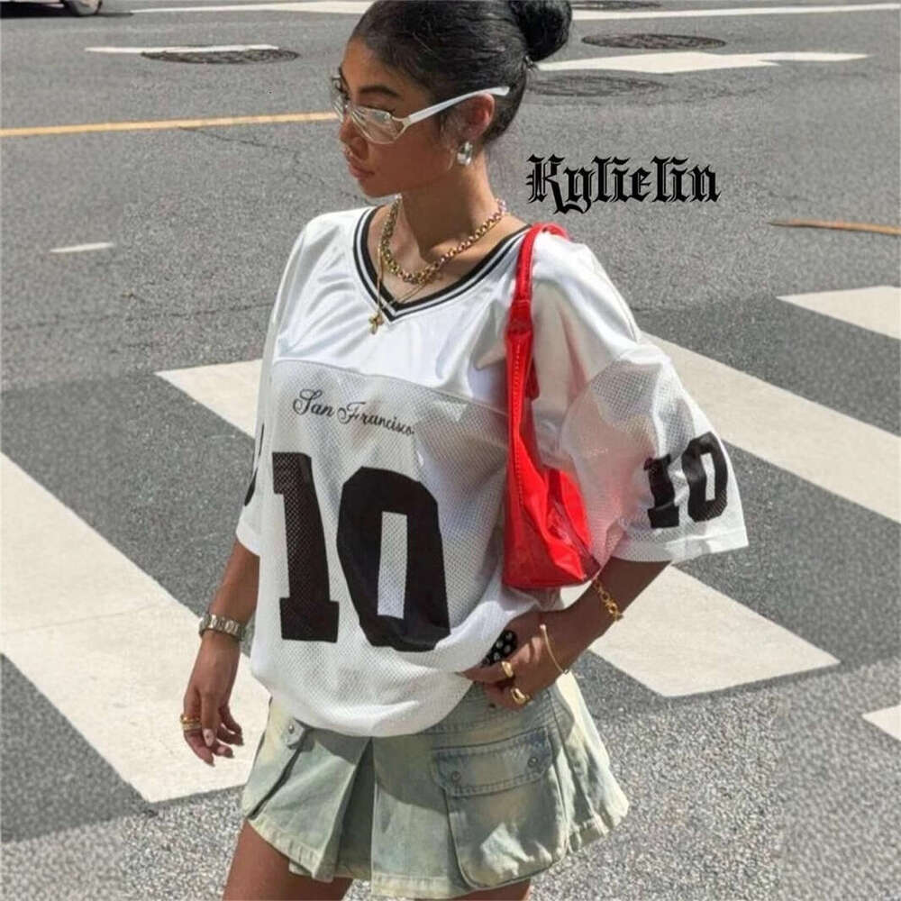 New Sports Style Jersey Fashion Print V-Neck Loose Casual Short Sleeve Color Block Top T-Shirt B5