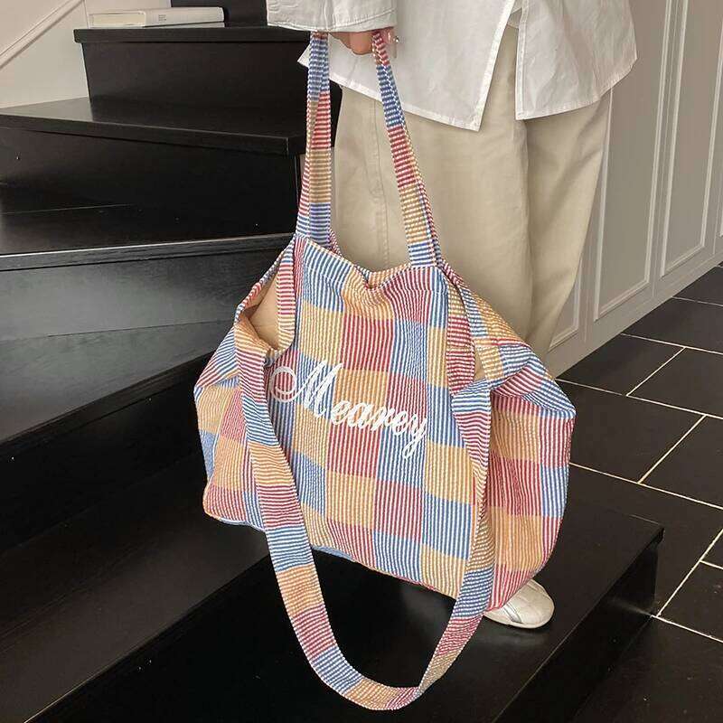 2025 Summer New Trends Striped Plaid Tote Bags For Women Cotton Fabric Letter Prints Large Capacity Shoulder Shopper Student Bag