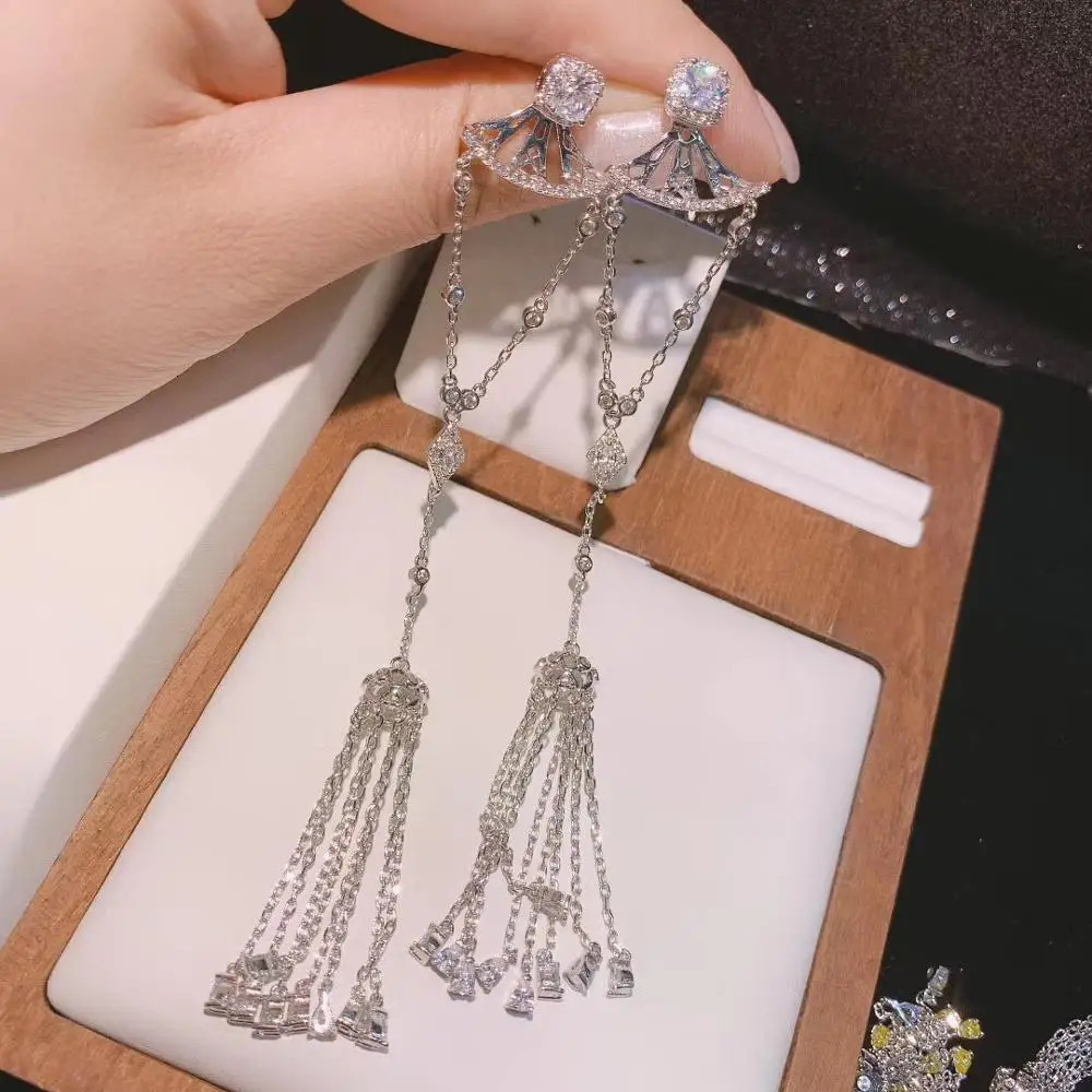 125mm Trendy Long Tassels Dangle Earrings For Women Wedding Cubic Zircon Crystal African Dubai Bridal Earring E7486 250610