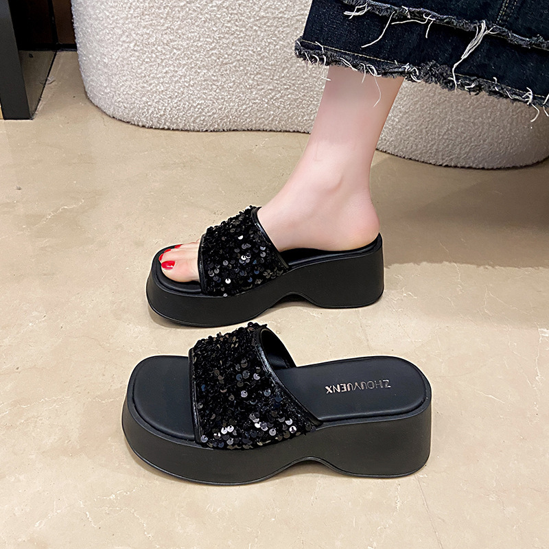 Ddmyoutdoor Women S Outdoor Slip On Summer New Korean Style Wedge Thick Soled Platform Sandals Square Toe Sequin High Heels Outdoor Shoes