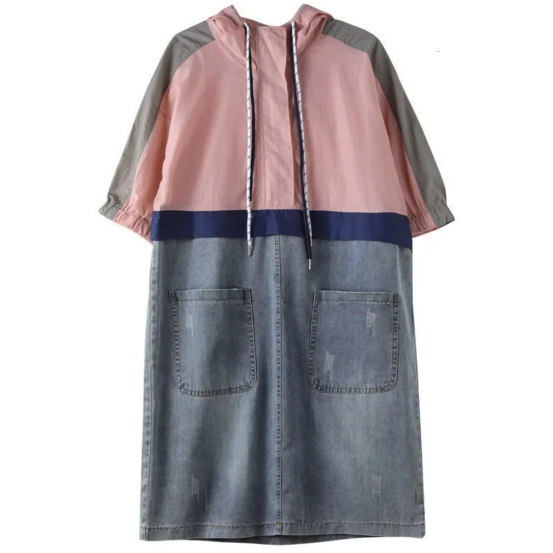 Spliced Hooded Denim Dress For womens Summer Fashion Loose Thin Short sleeved Casual Dress Female 250609
