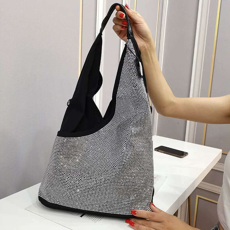 European Style Design Sense Diamond-Studded Zipper Large Capacity Handheld Shoulder Bag Fashion Trend Versatile Lightweight Casual