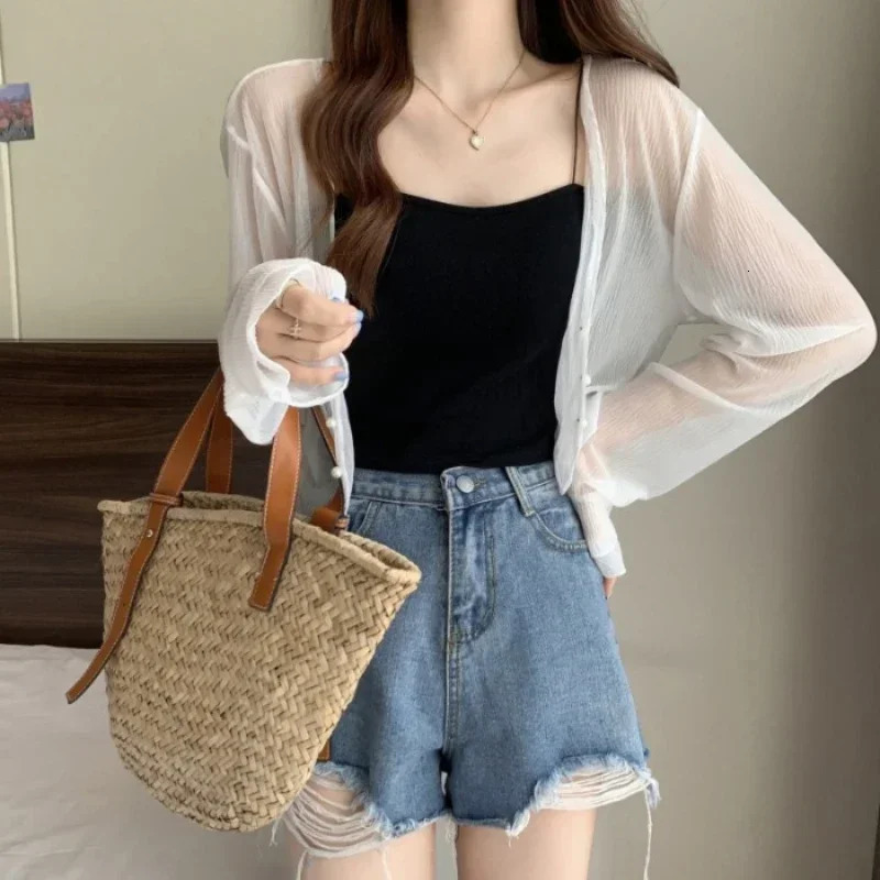 Fairy Style Solid Cardigan Women Summer Long Sleeve Sunscreen Sweet Beading Vneck Basics Loose Chiffon Cardigan 250612