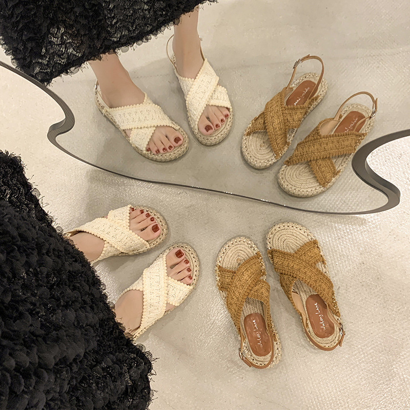 Ddmyoutdoor Thick Sole Woven Fisherman Sandals For Women Summer New Flat Sanya Travel Vacation Niche French Roman Shoes Outdoor Shoes