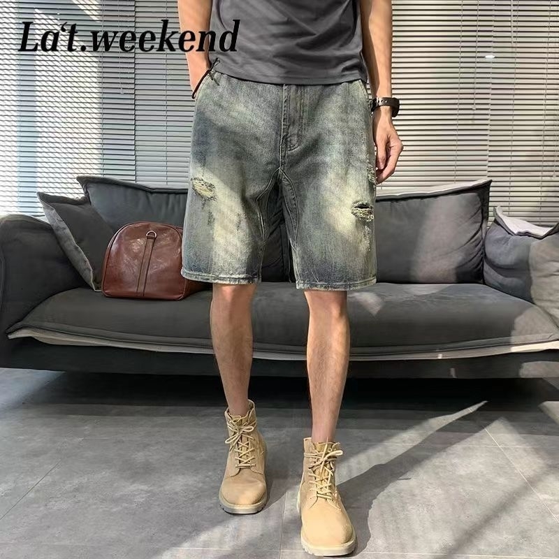 Ripped Denim Shorts Mens Trendy Loose Casual Retro Fivepoint Pants Summer Midsize w250520
