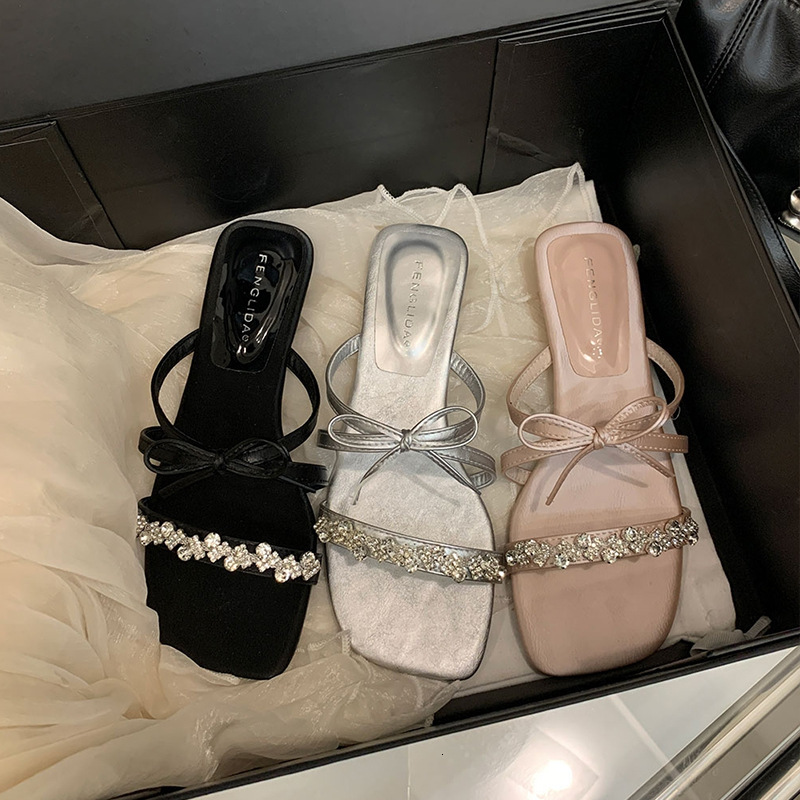 Ddmyoutdoor French Style Flat Rhinestone One Strap Fairy Shoes Outdoor Summer Pink Dress Matching Bowknot Sandals Outdoor Shoes