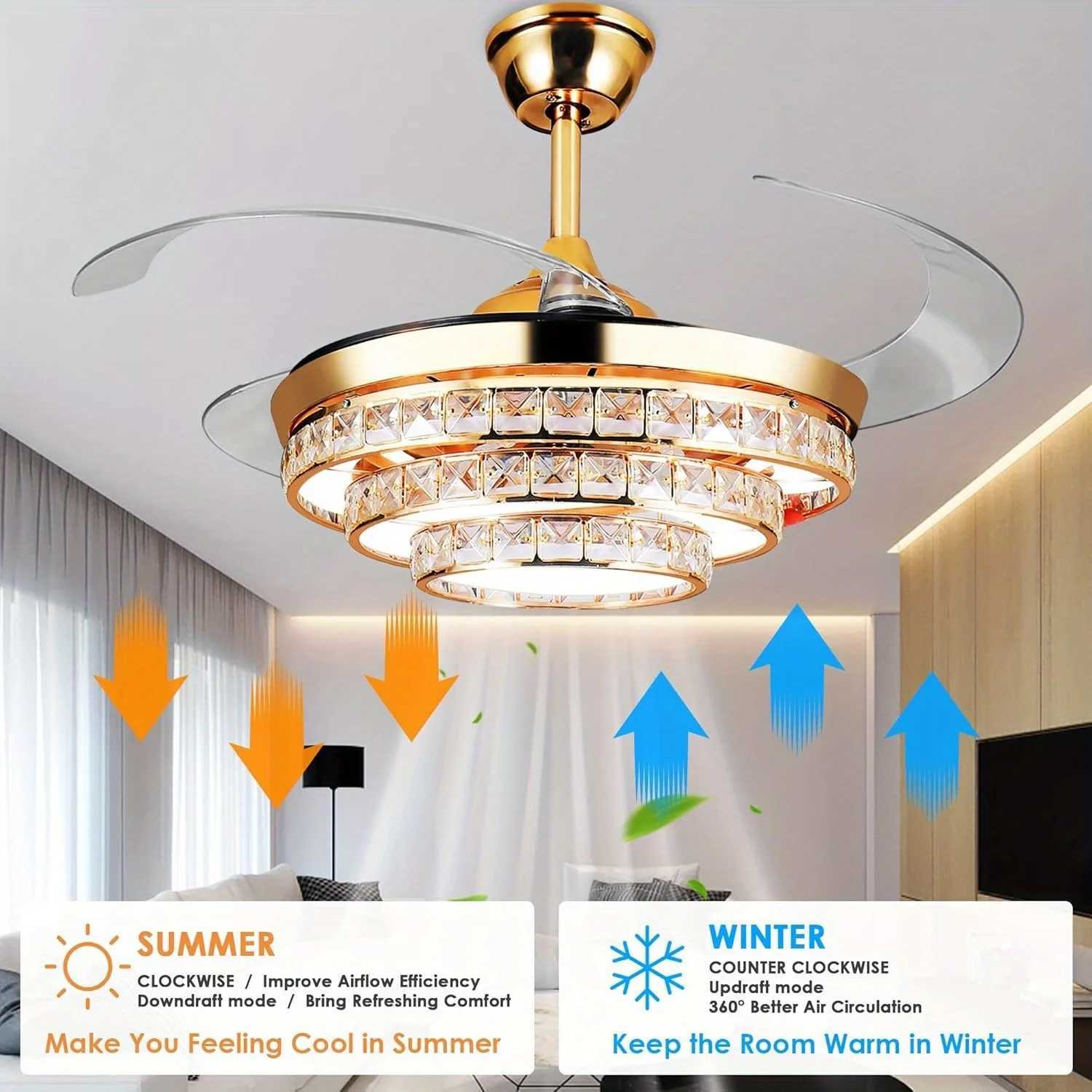 42 Gold Crystal Ceiling Fans with Lights Modern Ceiling Fan Lights 4-Blade Retractable LED Crystal Chandelier Fan Light W250613