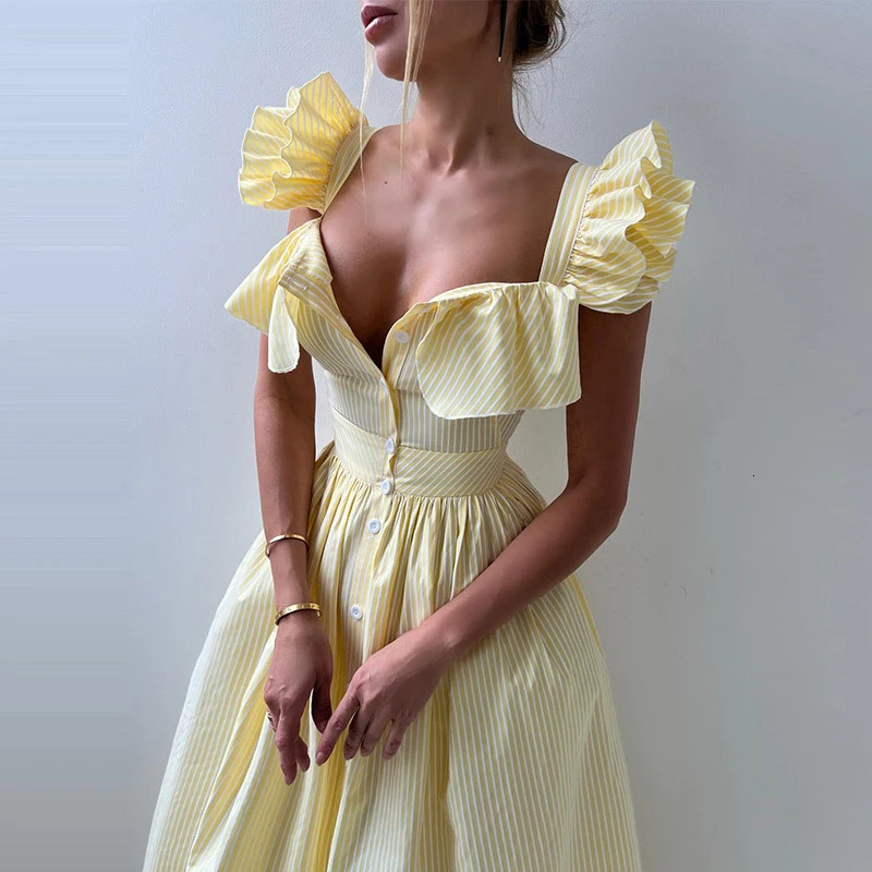 French Summer Striped Print Boho Dress Casual High Waist Flying Sleeve Women Dress Trendy Suspender Backless Vacation Long Dress 250613