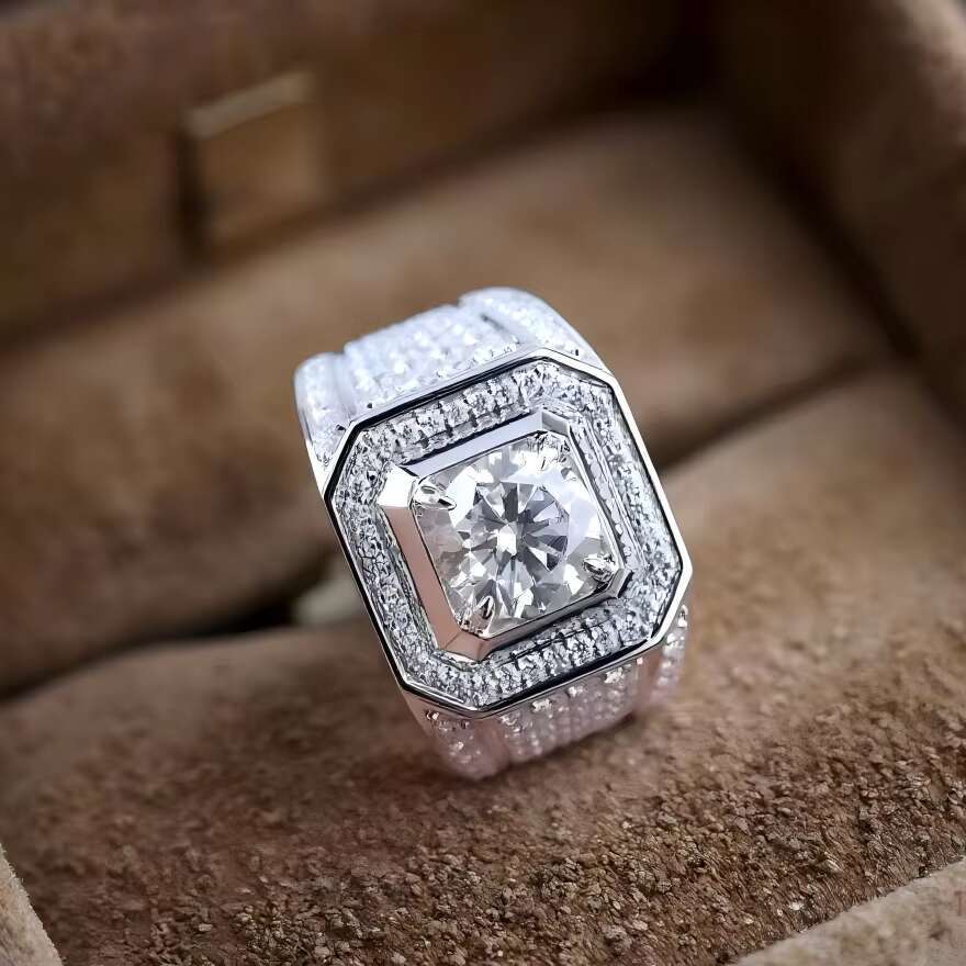 FOXI Full Diamond 2.5Ct Round Cut Real Moissanite Mens Wedding Ring 925 Sterling Silver White Gold Plated Moissanite Pinky Ring